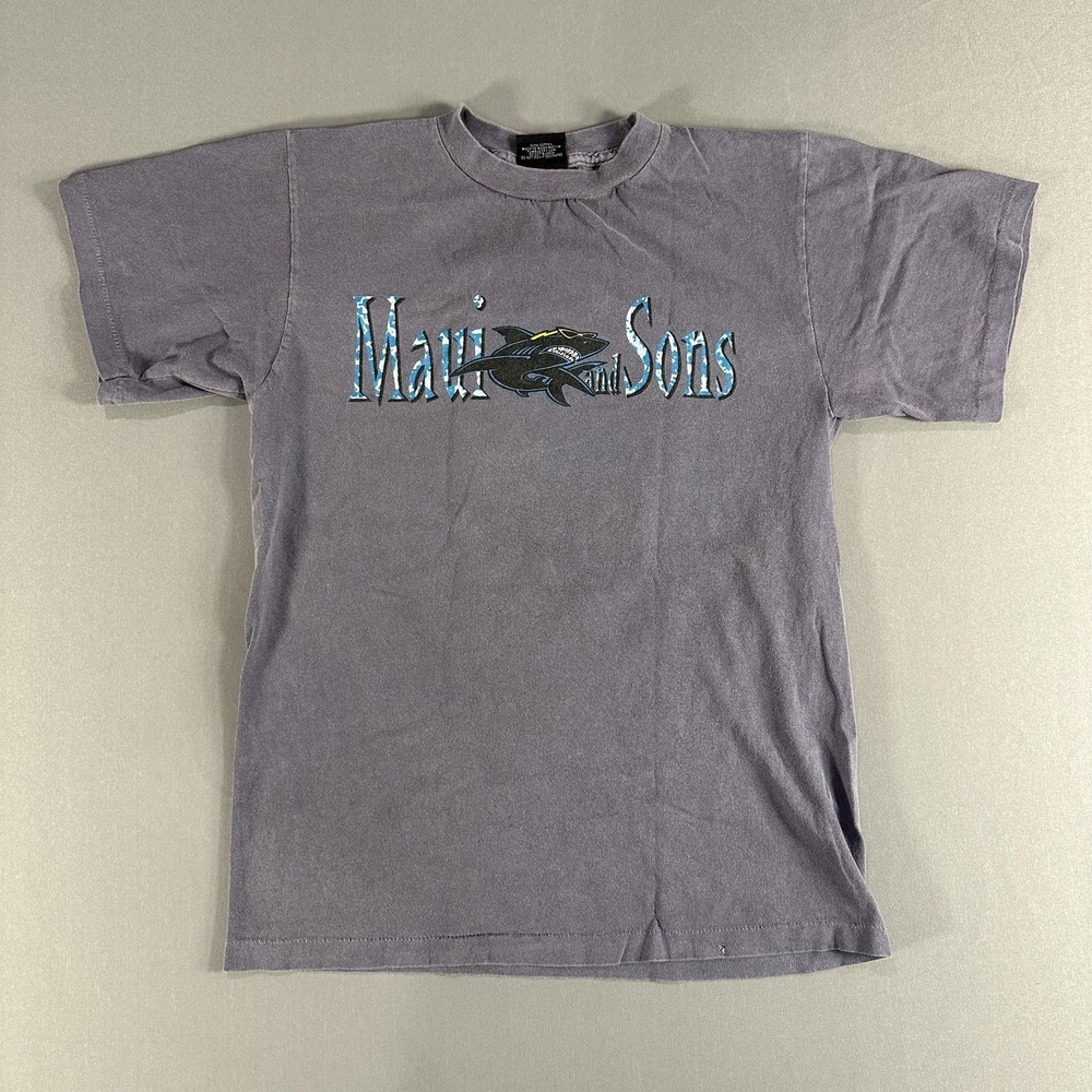 Vintage Maui And Sons Shirt‎ Mens Large Gray Shark Surf Graphic Slogan Tee 90s